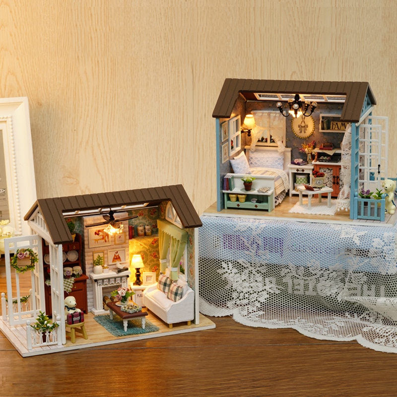 Diy bygning husmøbler miniatura american retro stlyes træ håndlavede voksne legetøj til børn