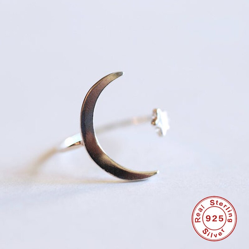 Anillos abiertos de estrella simétricos ROXI Moon para mujeres Anillos de plata de ley 925 joyería Bague bisutería para mujer Luna anillo abierto de plata: A silver