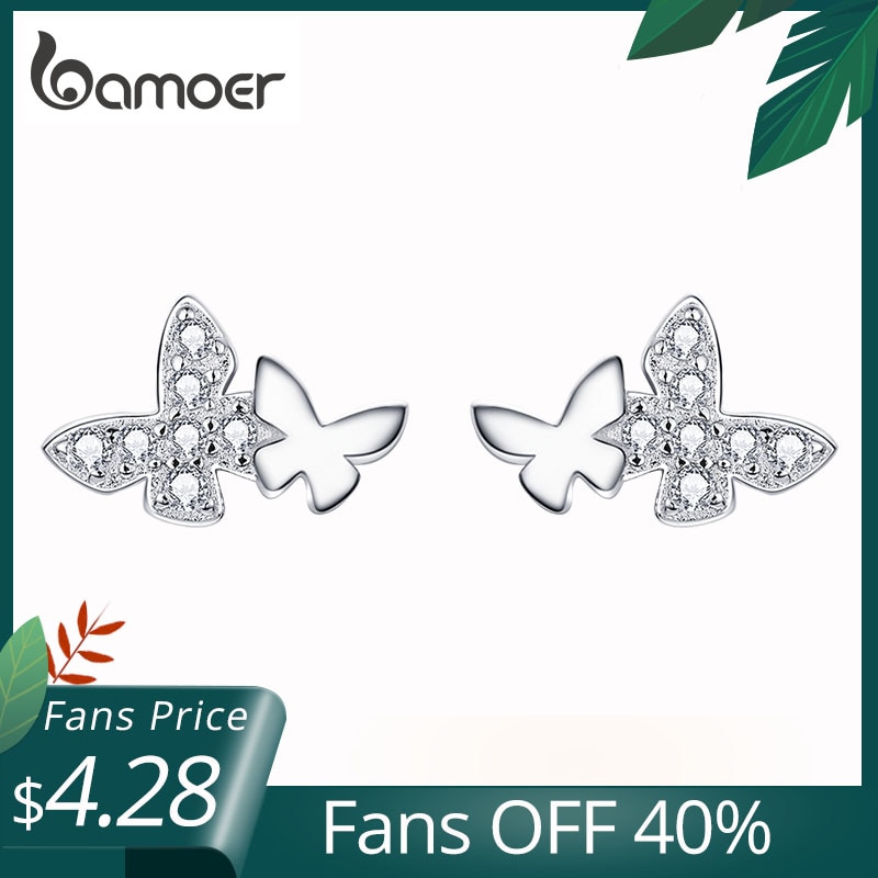 Bamoer Vliegende Vlinder Koppels Stud Oorbellen Clear Cz Glanzende Elegante Oorstekers 925 Sterling Zilver Jewely Accessoires BSE236