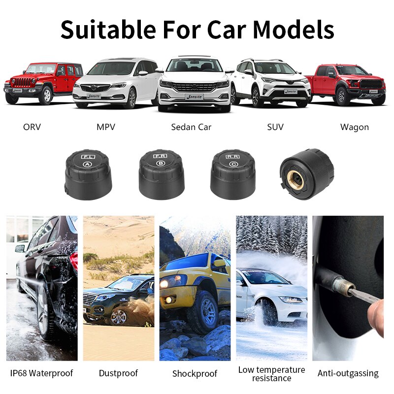 Jansite Tpms Grote Scherm Auto Bandenspanningscontrolesysteem Solar Power Auto Security Alarm 0.5-6Bar Tpms Sensor Voor sedan Auto