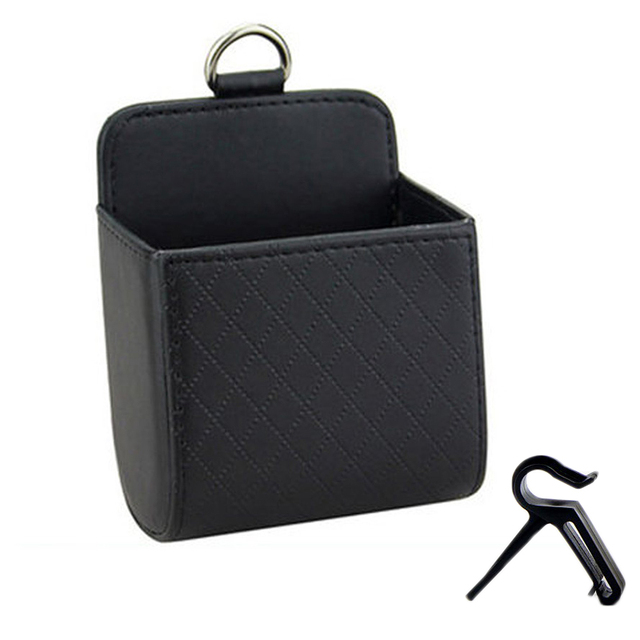 1pc Car Storage Bag Air Vent Dashboard Tidy Hanging Leather Organizer Box Glasses Phone Holder Storage Organizer Car Accessories: black