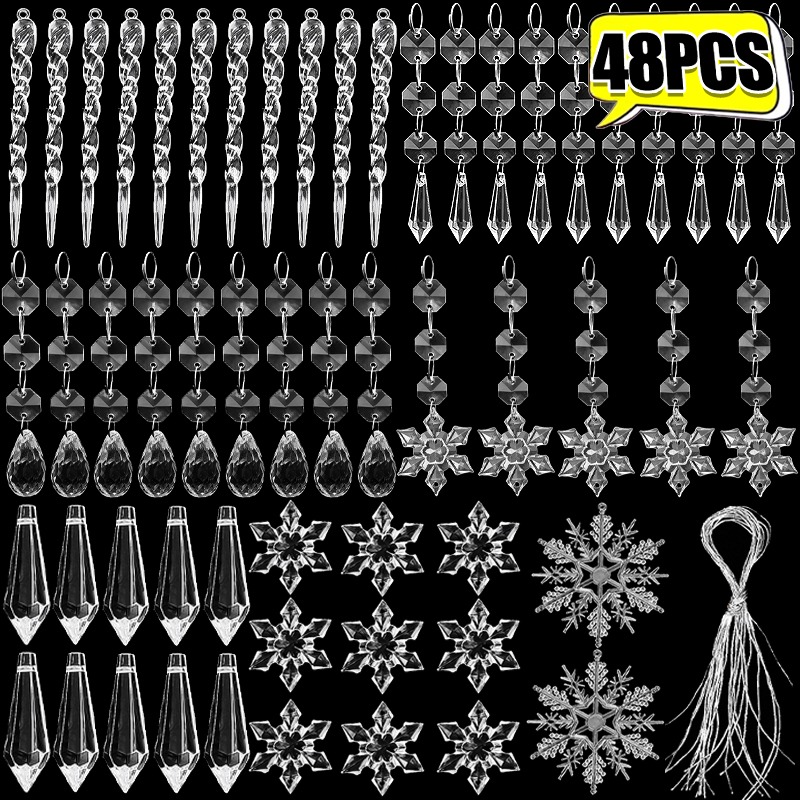 5-48 Stuks Kerst Ornamenten Kristal Boom Decoraties Transparante Ijs Strip Hanger DIY Teardrop Kroonluchter Kerst Bruiloft Kralen