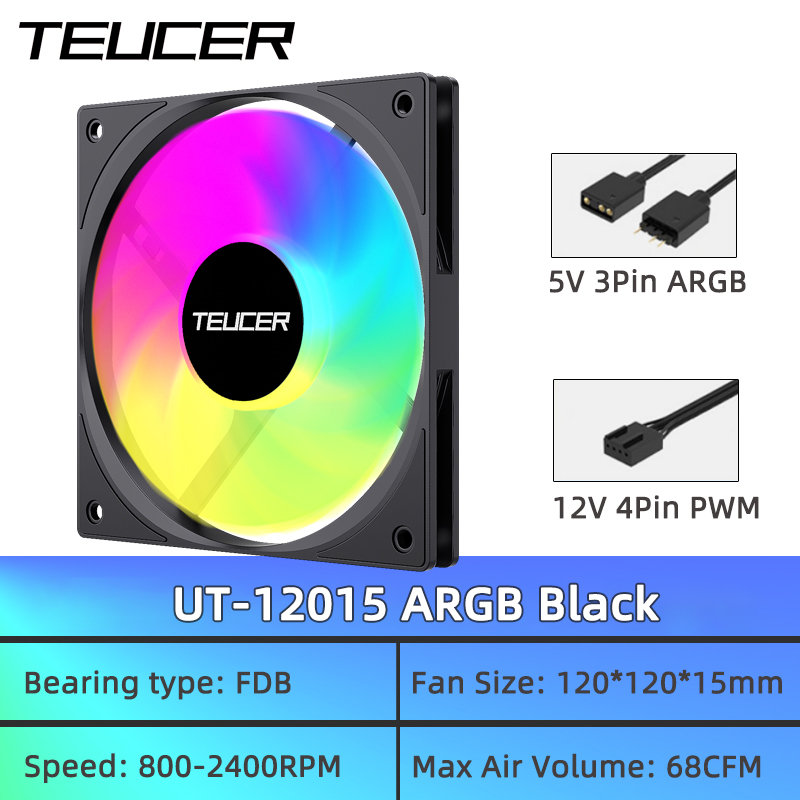 TEUCER UT-12015 PC Case Fan, 120mm ARGB FDB Bearing Thin Cooling Fan for CPU Cooler: Black / BROWN