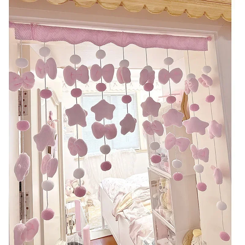 Cortina corta con lazo bonito rosa, partición de hilo, decoración colgante para ventana, cortinas para puerta de dormitorio, cortina para puerta de baño, dormitorio de niñas: Negro
