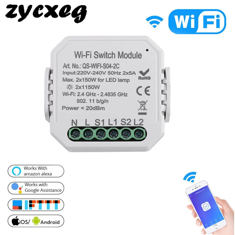 Mini Circuit Breakers 220-240V WIFI Intelligent Light Switch DIY Breaker Module APP Remote Control 2 Gang 2 Way Moulded Case