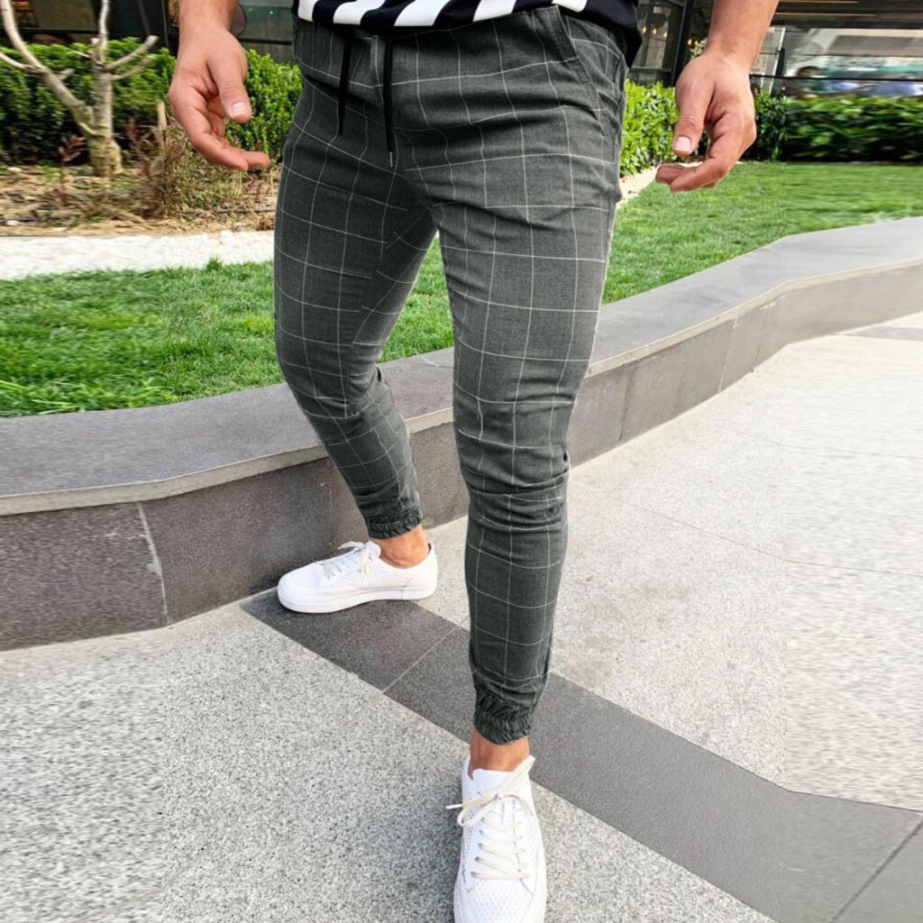 Pantalon homme pantalon à carreaux hommes Streetwear pantalon Hip Hop pantalon chino Slim coupe ajustée pantalons décontractés Joggers: L / Gris foncé
