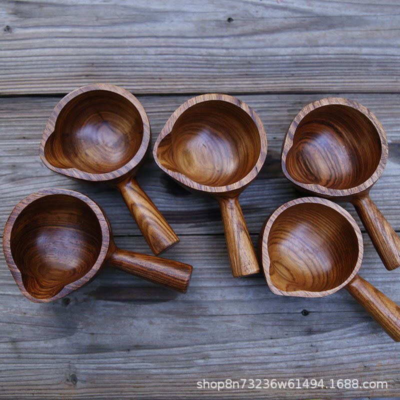 Mini pala de madera japonesa retro, 12x8x5,5 cm, empacadora de agua de madera creativa con mango, cuchara de agua, vajilla de madera para cocina