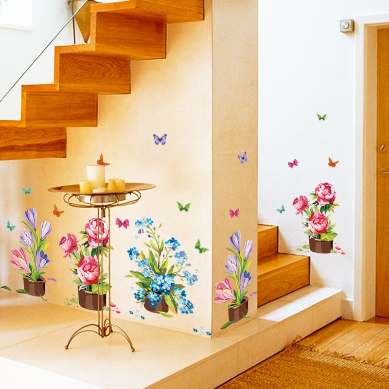 Diy wallstickers boligindretning potteblomster sommerfugl køkkenvindue glas trappe klistermærker vandtætte decals