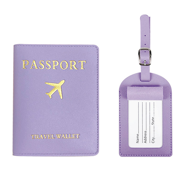 2Pcs/Set PU Travel Passport Cover Luggage Tag Suitcase Identifier Label Baggage Boarding Bag Tag Name ID Address Passport Holder: PURPLE