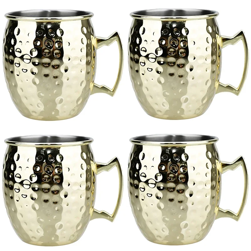 4Pcs Stainless Steel Hammered Point Cocktail Mug Non-Slip with Gold Handle Drum Mug for Home and Bar Drinking Mule Mugs: Blue