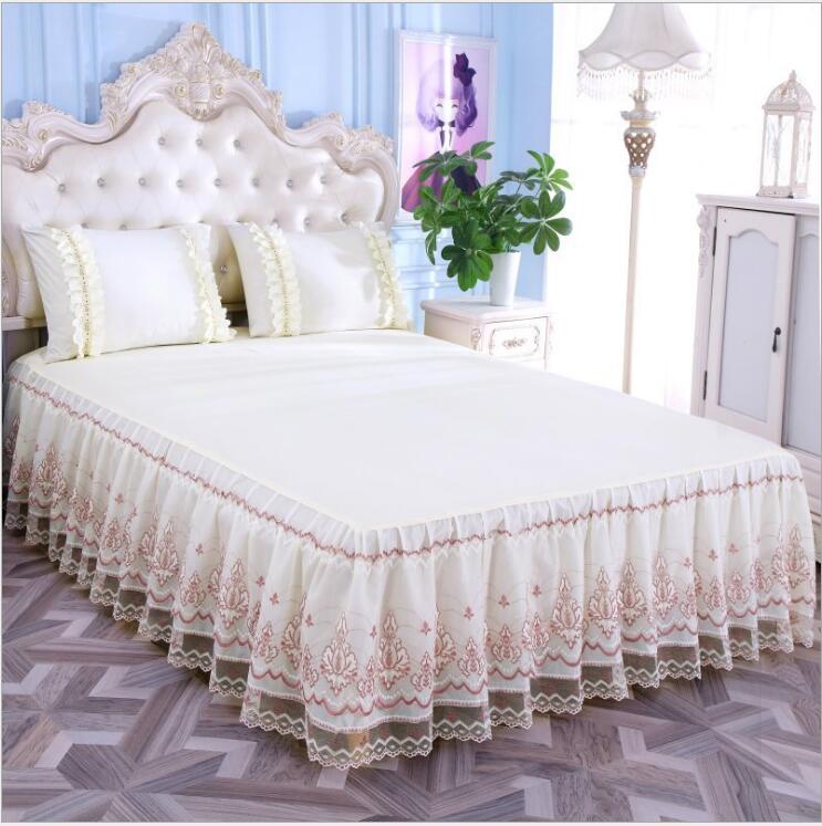 Romantisk blomstringsmønster ensfarvet sengetæppe nederdel skridsikker støvflæser queen size sengetæppe seng sengetæppe nederdel pudebetræk: B / 180 cm x 220cm