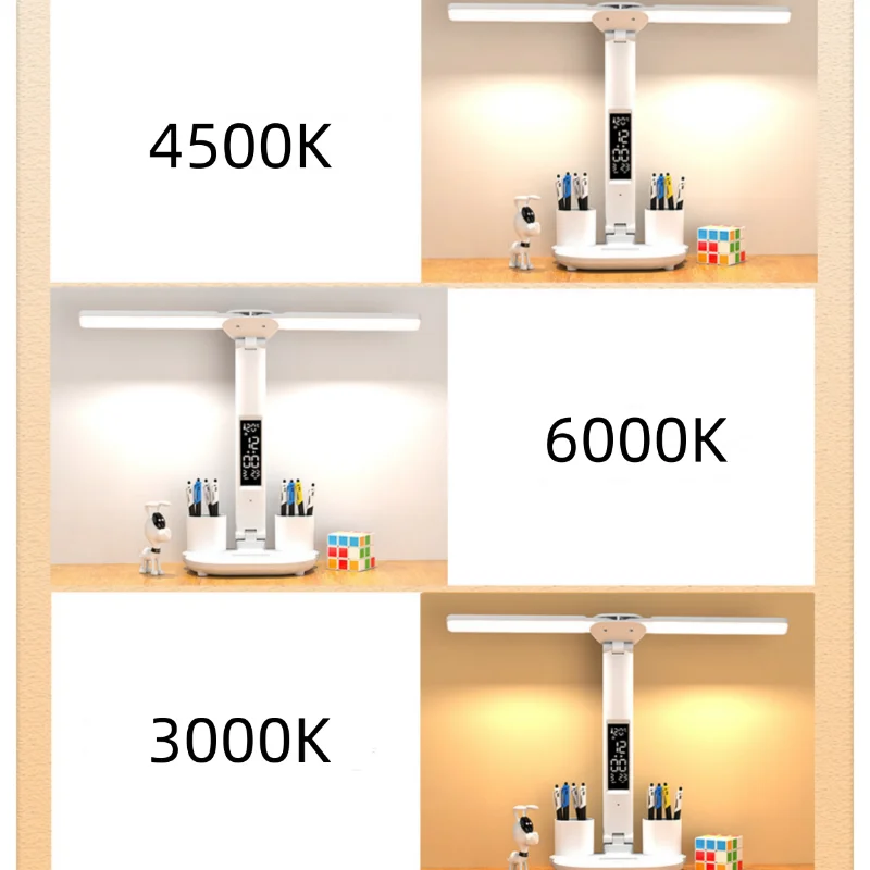 LED-Tischlampe, doppelköpfig, über USB aufladbar, dimmbar, Schreibtischlampe mit Kalender, Uhr, faltbar, Augenschutz, Lese-Nachtlicht