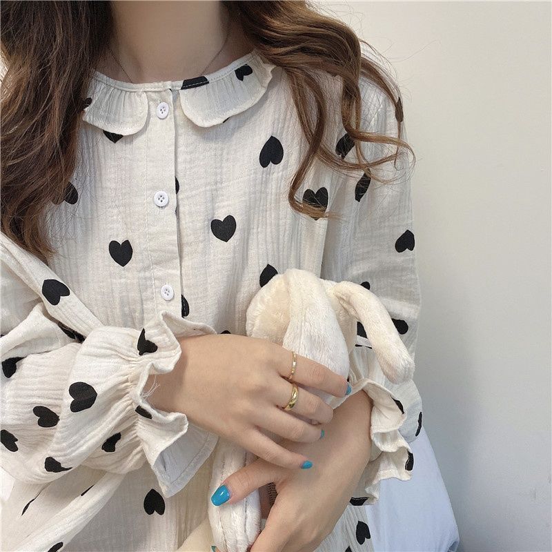 Hart Gedrukt Nachthemden Vrouwen Losse Gezellige Ruches Zoete Lange Mouw Trendy Mooie Tieners Vrouwtjes Sleepshirts Ins Lounge Chic