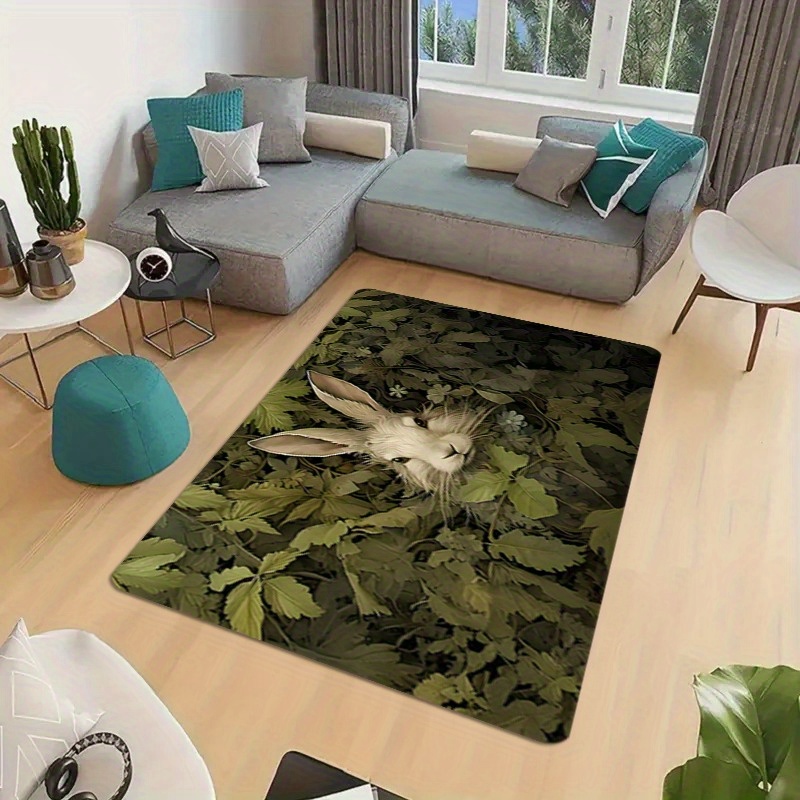 Magisch bosdierkleed – polyester mat met konijnenprint voor woonkamer, slaapkamer en entree, duurzaam laagpolig groen woondecoratie