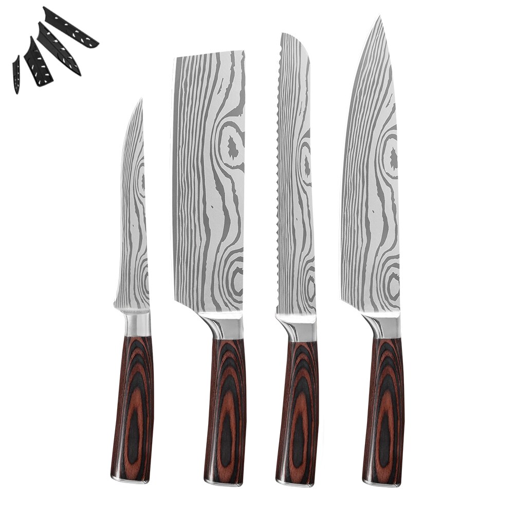 Sowoll køkken kokke knive sæt damaskus mønster klinge hakning santoku udbeningskniv kød fisk sushi madlavningsværktøj knivbetræk: H .4 stk sæt