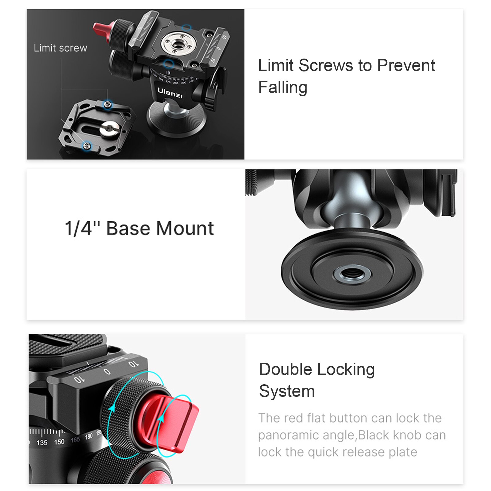 Ulanzi Aluminum Alloy 360° Panoramic Ball Head Tripod Mount 20KG Payload Horizontal Vertical Shooting for DSLR SLR Camera