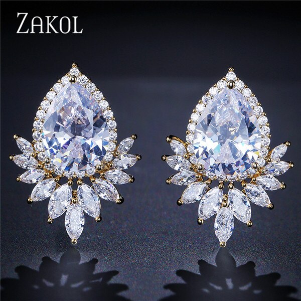 ZAKOL Romantico lacrima cubo Zirconia Bianco colore Orecchini con Perno del Foglio di Modo Da Cerimonia Nuziale Brincos Gioielli per Le Donne FSEP2009: color oro