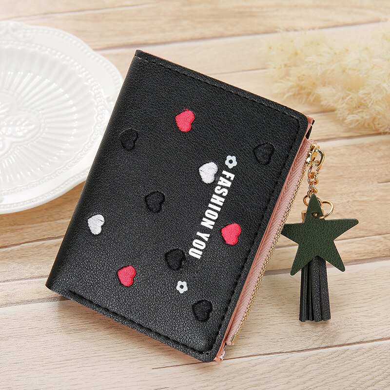 Vrouwen Rits Korte Vrouwen Portemonnee Koreaanse Borduurwerk Liefde Kwastje Pocket Card Zak Mini Portemonnee Vrouwen Portemonnee Beroemde: Black