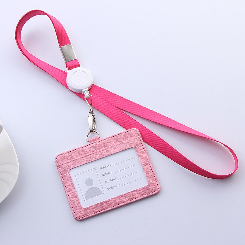 PU Leather Lanyard retractable badge holder ID card holder school lanyards id badge holder horizontal badge holder transparent: pink-Horizontal