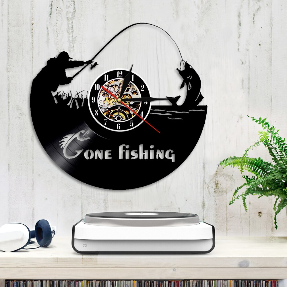 Gone Fishing Fish Rod Wall Clock Fisherman Home Decor Fishing Vinyl Record Wall Clock Timepieces Handmade For Fishermen