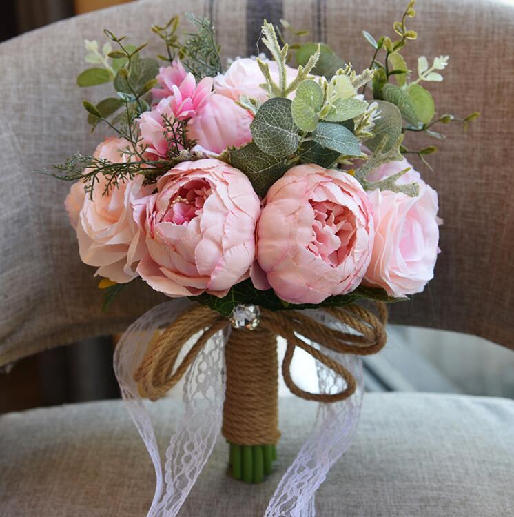 Missrdress buquê de casamento champanhe rendas buquês de noiva flores artificiais estilo rústico flores de casamento para casamento accessorie: Pink