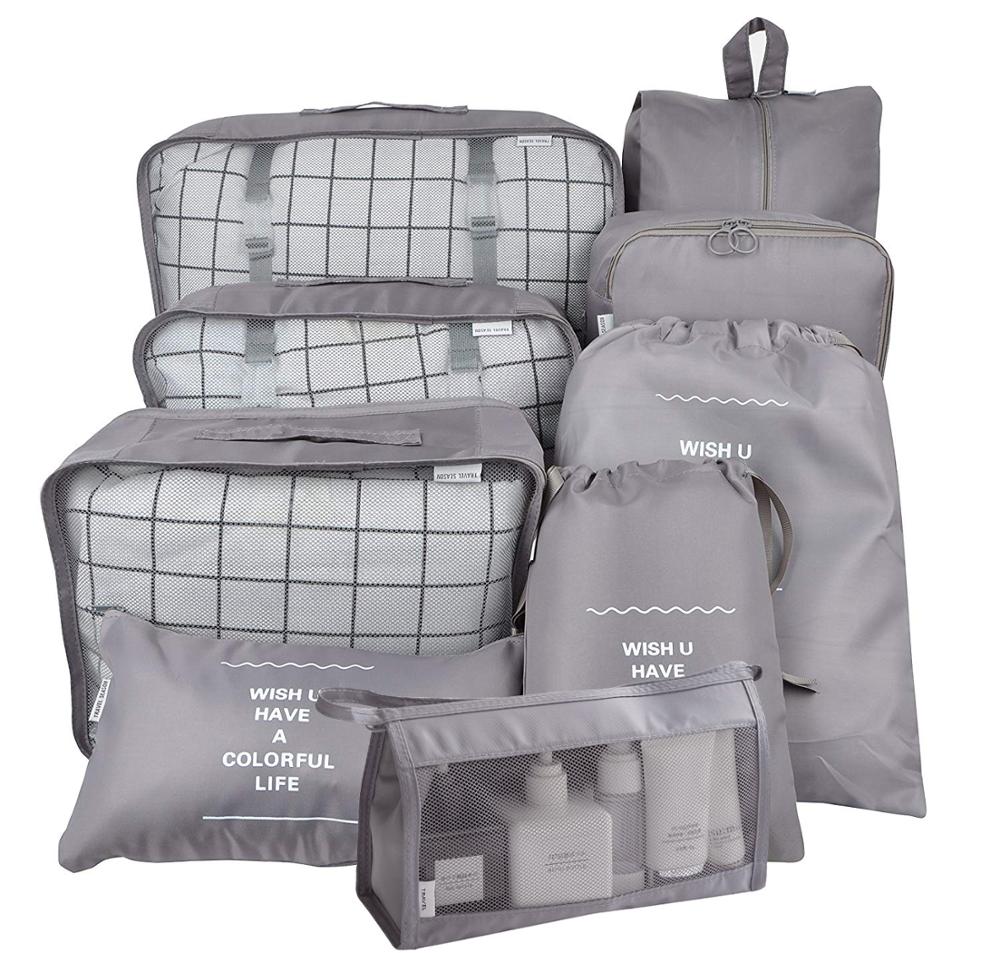 Luggage Organize Bag Set 9 Large Capacity Waterproof Packing Cubes Travel Luggage Organizer Storage Suitcase Compression Bags: Gray