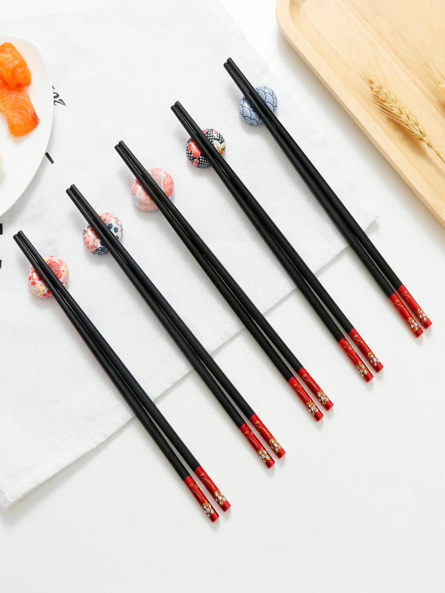 5 par japońskie pałeczki zestaw z pudełkiem zmywarka bezpieczne wielokrotnego użytku chińskie koreańskie pałeczki ze stopu z włókna szklanego robić żywności Sushi: Floral czerwony