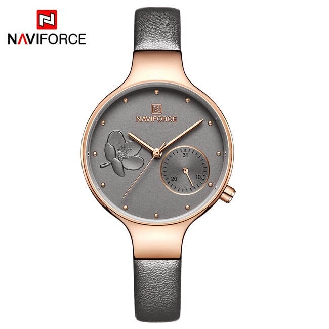 Naviforce Vrouwen Mode Blue Quartz Horloge Lady Lederen Horlogeband Casual Waterdicht Horloge Voor Vrouw: Grijs