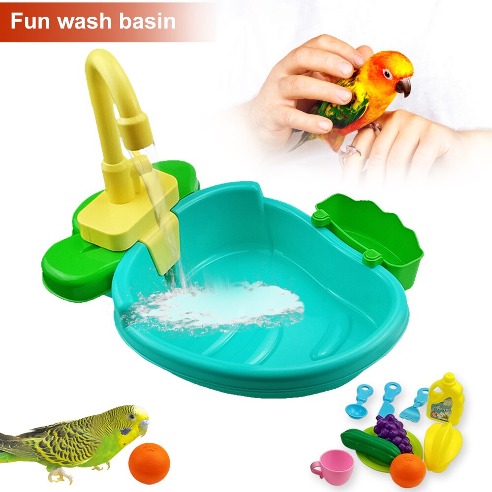 Automatic Bird Bath Tub with Faucet Pet Parrots Fountains SPA Pool Cleaning Tool