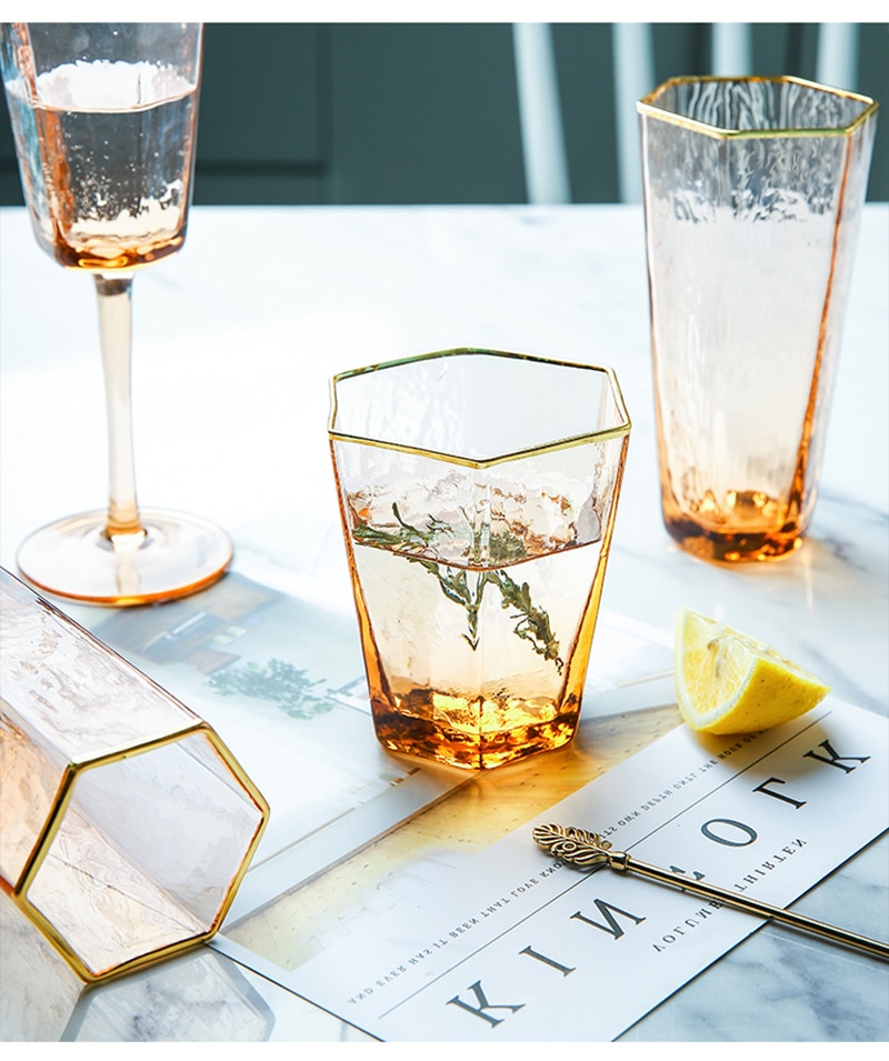 2 PCS Hexagonal Hammered Gold Rim Champagne Glass, Wine Glass,Whisky Glass, Water Glass Set of 2