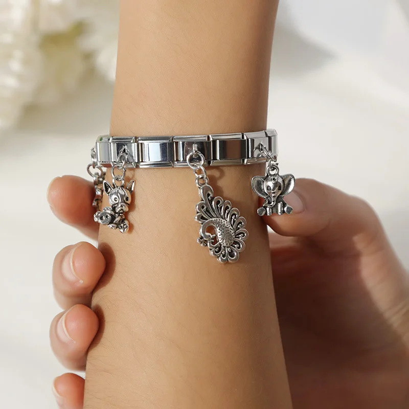 Hapiship Neue Original Gänseblümchen Hund Kuh Elefant Pfau Italienische Verknüpfungen Charme passen 9mm Armbinde Edelstahl Schmuck Machen DJ281