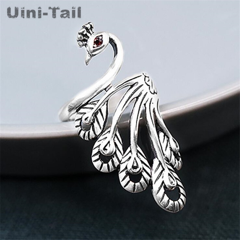 Uini-tail offre spéciale 925 en argent Sterling Simple ethnique paon ouvert anneau rétro vieux à la fluide doux bijoux ED636