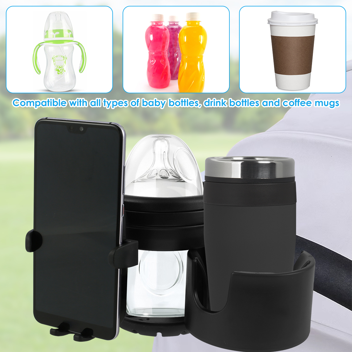 Kinderwagen Bekerhouder Universele Kinderwagen Waterflesstandaard 360° ° Roterende telefoonhouder Dubbel gat Babyauto's Organizer Cup Rack