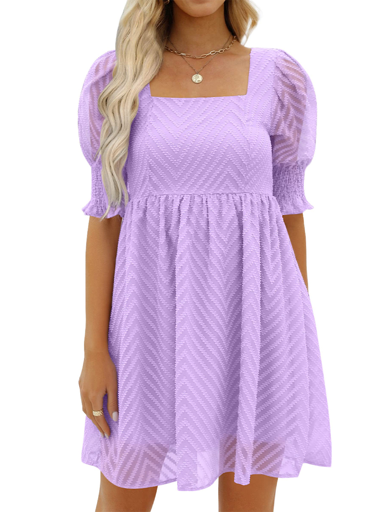 Damen-Sommerkleid 2023, lässig, fließend, Strand, quadratischer Ausschnitt, Laterne, kurze Ärmel, plissiert, A-Linien-Kleid, Krawatte, Minikleid