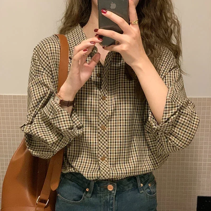 Camisas a cuadros para mujer, blusas Retro con cuello vuelto, combinables con todo, estilo recto de Hong Kong, abotonada, prendas de vestir elegantes de manga larga para mujer: 4XL