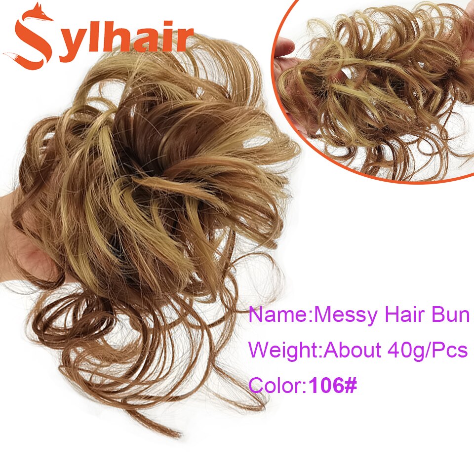 Sylhai-moño de pelo rizado sintético para mujer, moño marrón desordenado con cuerda elástica para el cabello, banda de goma, extensiones de cabello: 106