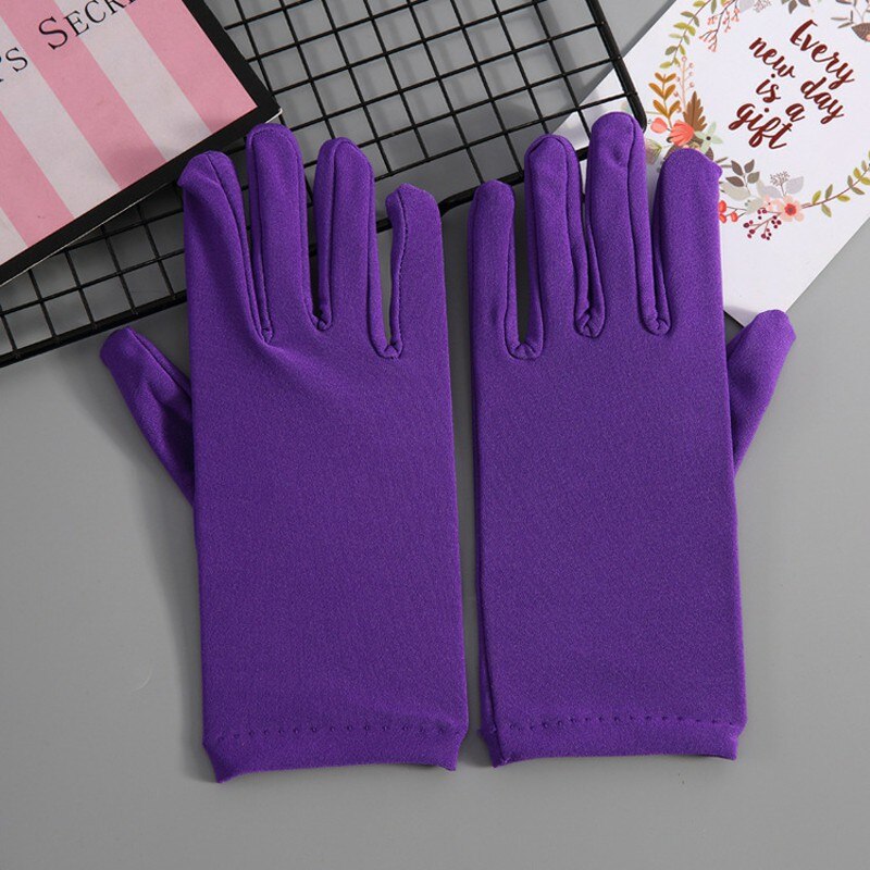 Voksen størrelse korte grøn/pink/blå spandex handsker klassiske kvinder banket håndleds længde gule handsker til fest bryllup  st211: Lilla