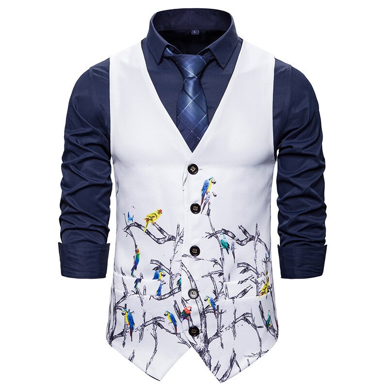 Herfst- en winterherenvest 3d vest met vogeltakprint herenkostuumvest trouwvest  mj165: Wit / Xxl