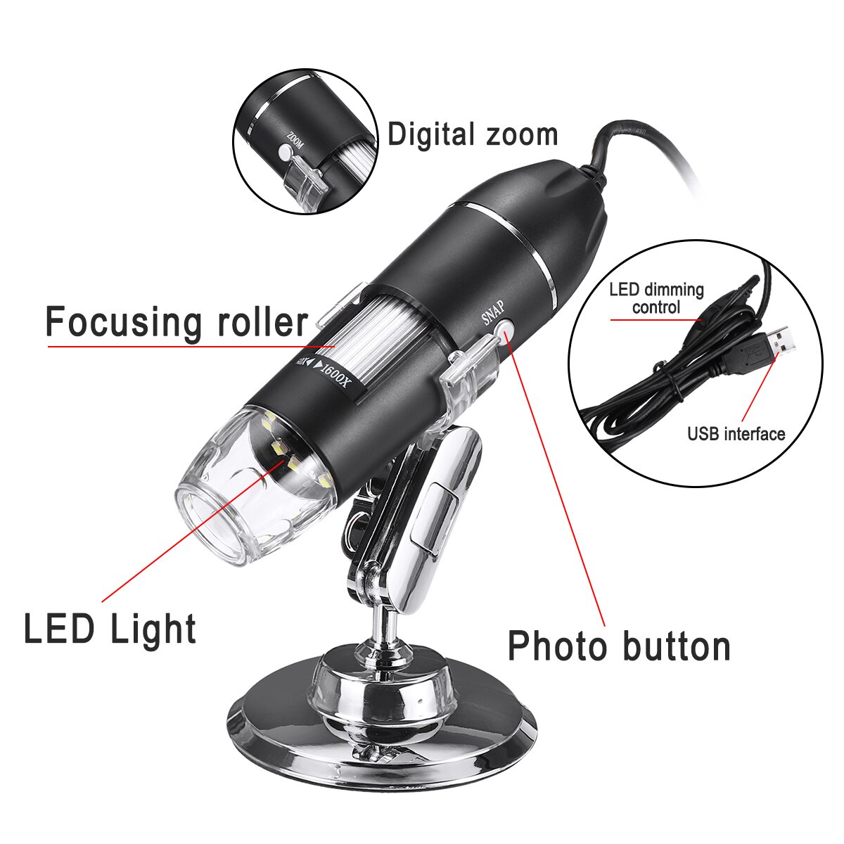 500X/1000X/1600X 3 In 1 2MP 1080P Handheld Digital Microscope Magnifier Camera With 8LEDs And Stand Adjustable Brightness