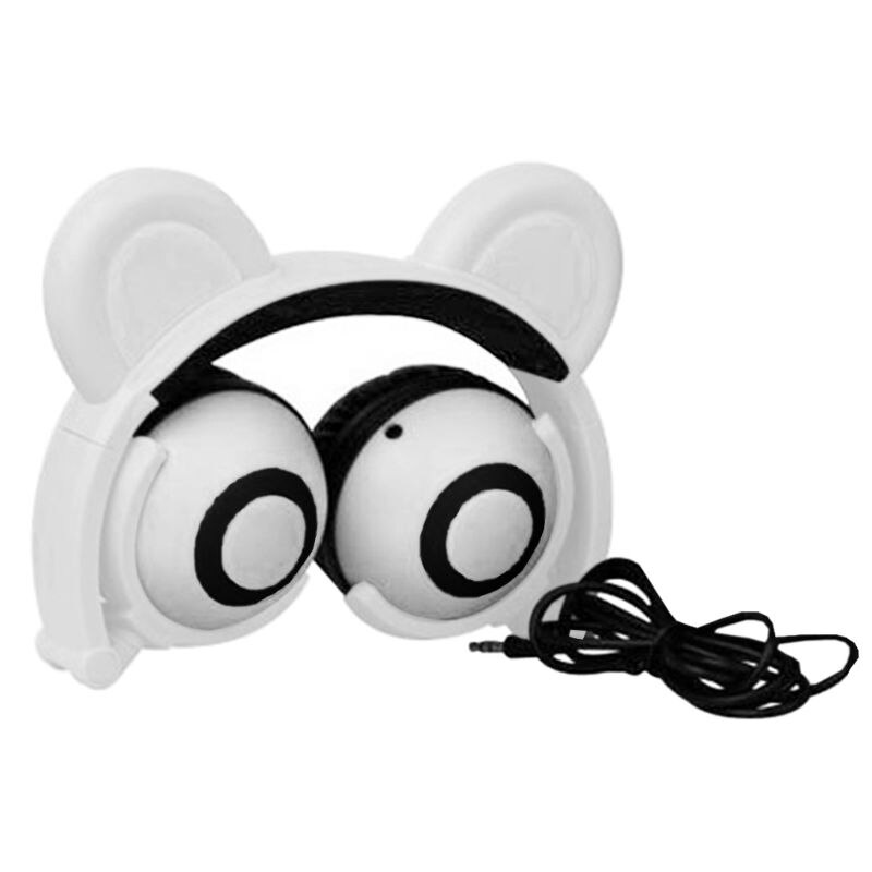 Cute Bear Ears Headset Adjustable Head-mounted LED Light Headphones Foldable Rechargeable Music Boys Girls Earphones: White