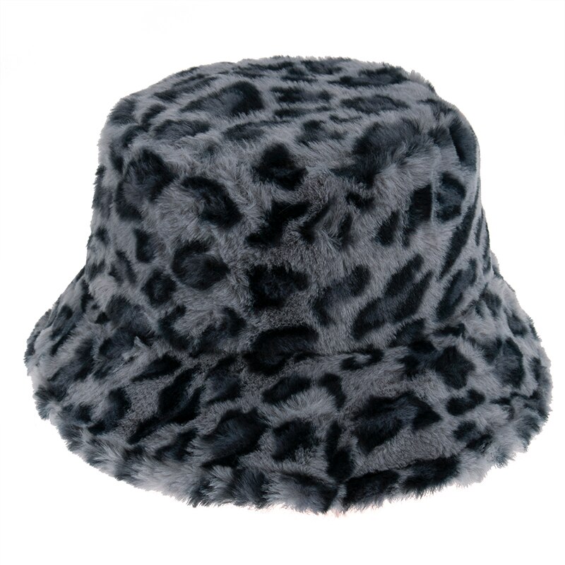 Rævmor lyserød grå leopard fiskekapsler panama bob fisker gorros varm blød faux pels vinter spand hat til kvinder damer: Grå