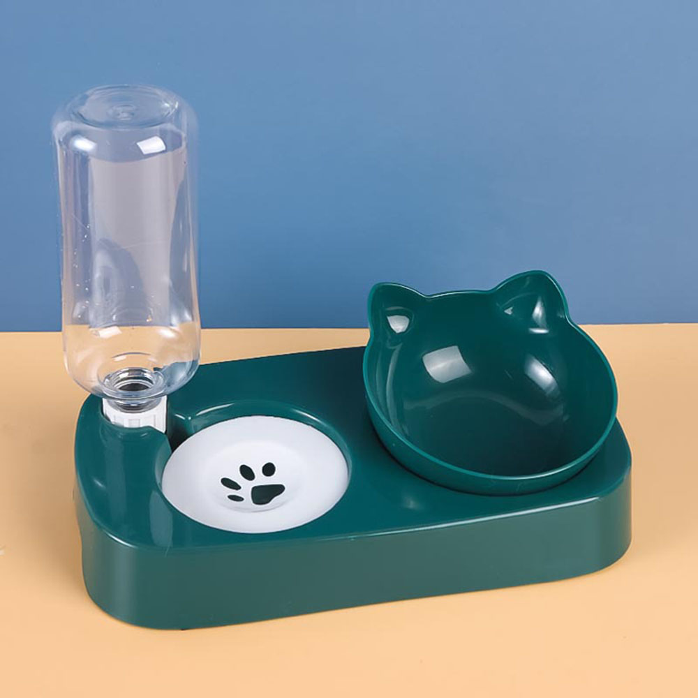 Double Cat Bowls with Stand Automatic Water Storage Dispenser Pet Dog Food Bowl 2-in-1 Splash-proof Water Container Bowl Feeder: green