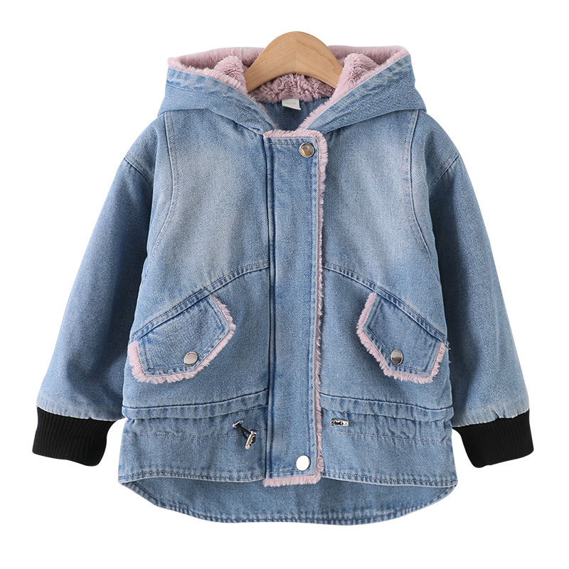 Winter Children's Denim Jackets Teenage Girls Boutique Clothes Velvet Hooded Jean Trench Coat Teen Casual Outerwear Windbreakers