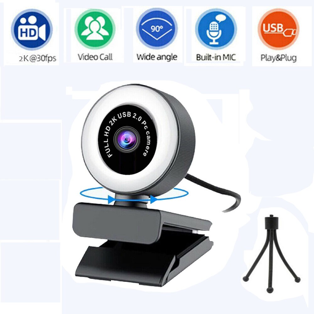 2K HD Webcam with Microphone Tripod Ring Light 1080P Auto Focus USB Web Camera Fill Light for PC Desktop Laptop Live Broadcast
