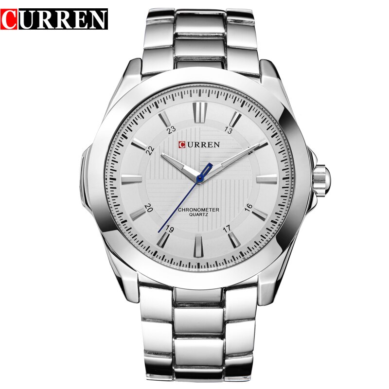 Merk curren eenvoudige wijzerplaat klassieke horloges volledig stalen quartz heren polshorloge zilveren klok reloj hombre: Zilverwit