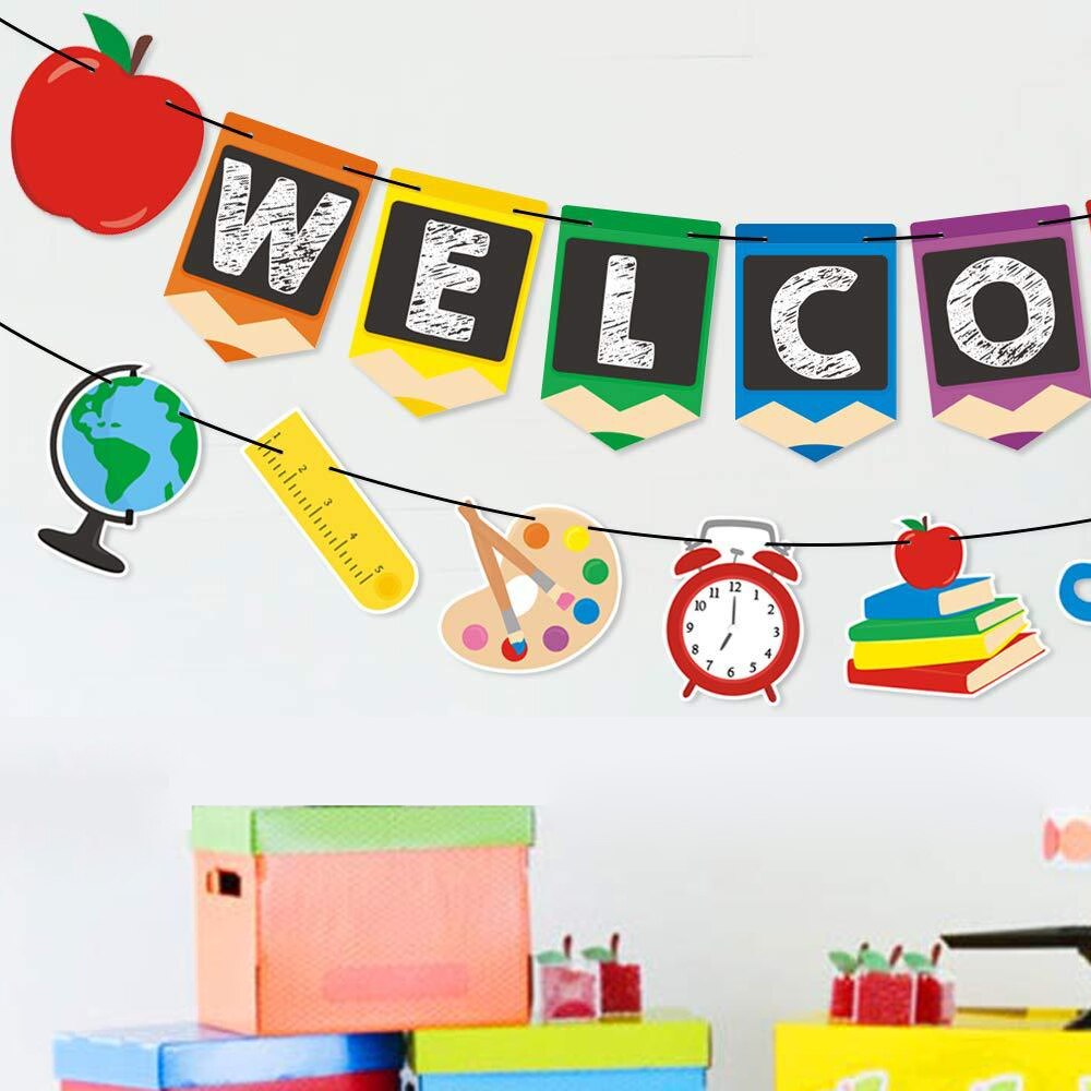 2Pcs Welkom Klasse Terug Naar School Opknoping Teken Banner Bunting Eerste Dag Van School Voor Classroom Decor Party Decoraties