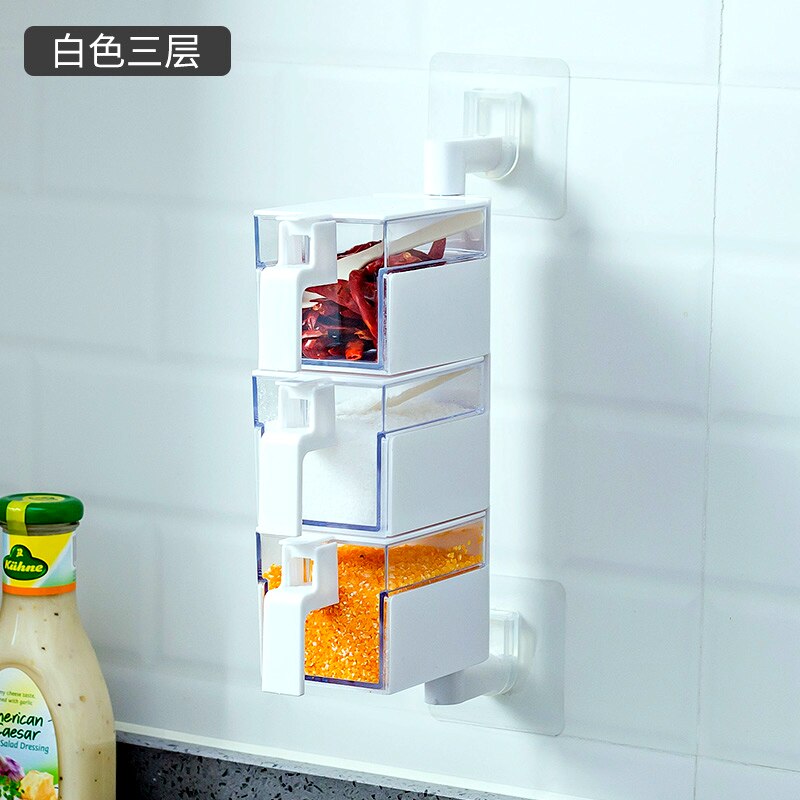Kitchen supplies salt cans wall hanging free punch household seasoning jars bottle storage box spice box set MJ1020: White3 layers