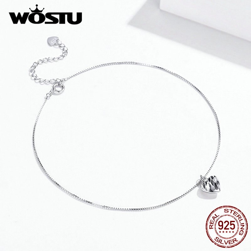 Wostu 100% 925 prata esterlina delicado coração tornozeleira corrente pulseira para mulher chian link moda tornozeleiras pé jóias bkt013