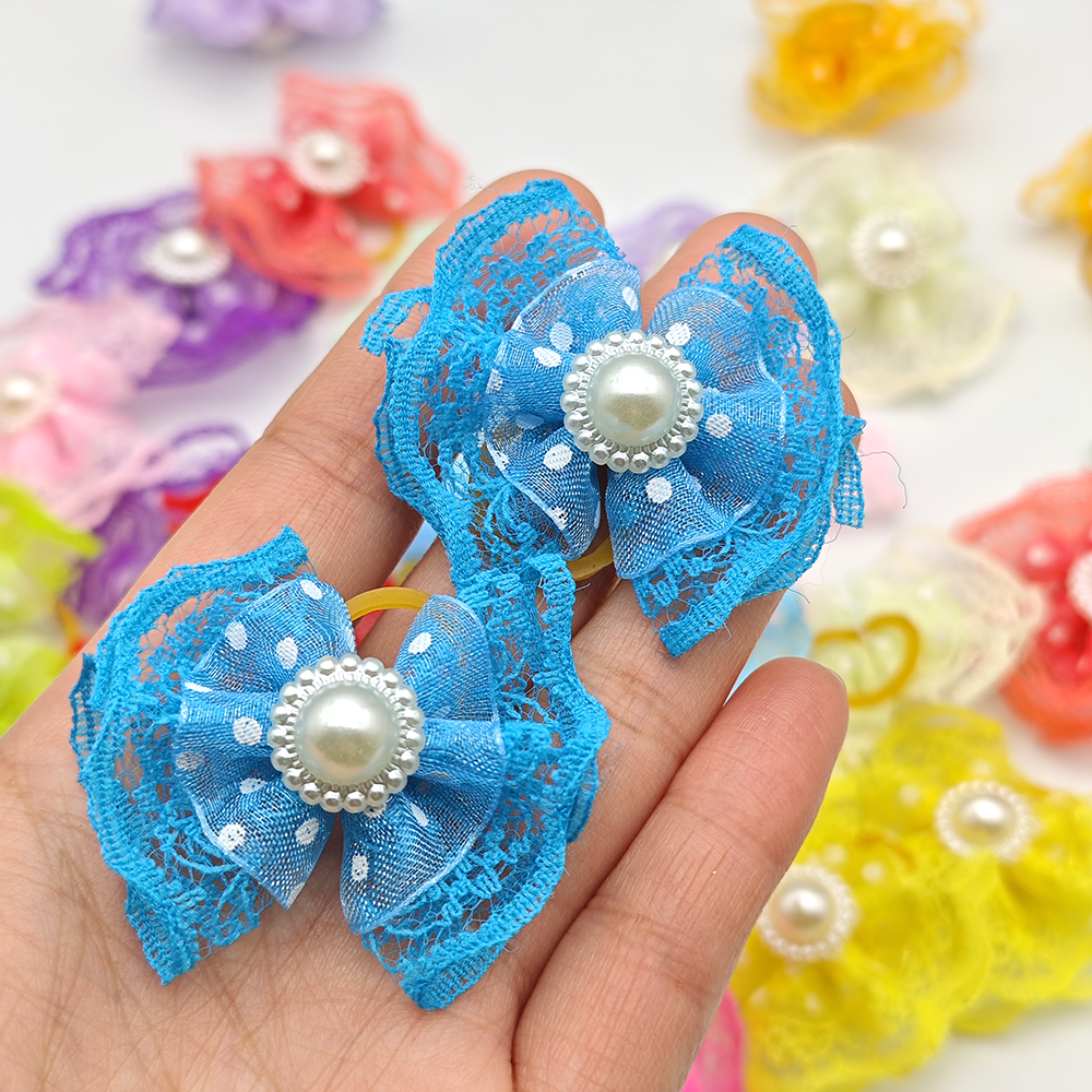 100 piezas de lazos para el cabello de encaje de doble capa para perros pequeños, pinzas para el cabello para el cuidado de mascotas, accesorios para el cabello para cachorros con banda de goma: Rosa