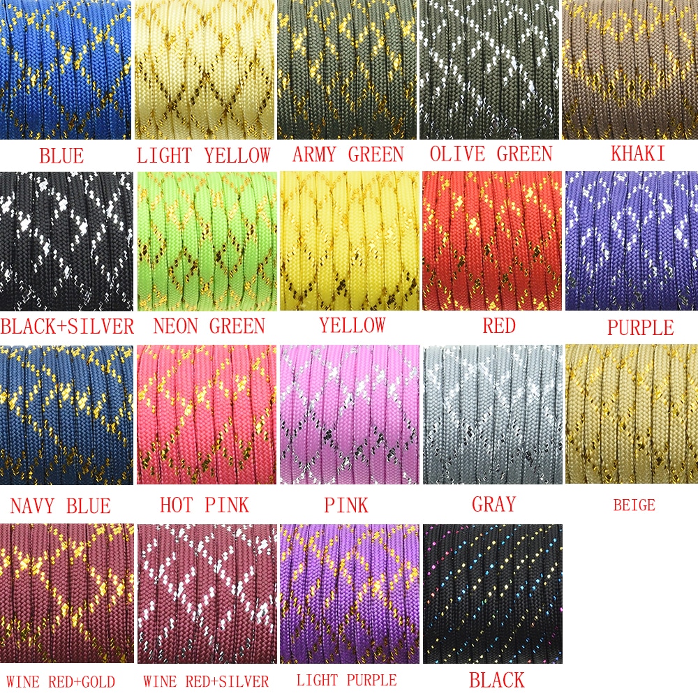 Gold Silver Cord 550 Paracord Parachute Cord Lanyard Mil Spec Type III 7 Strand Core 100 FT 19 Colors
